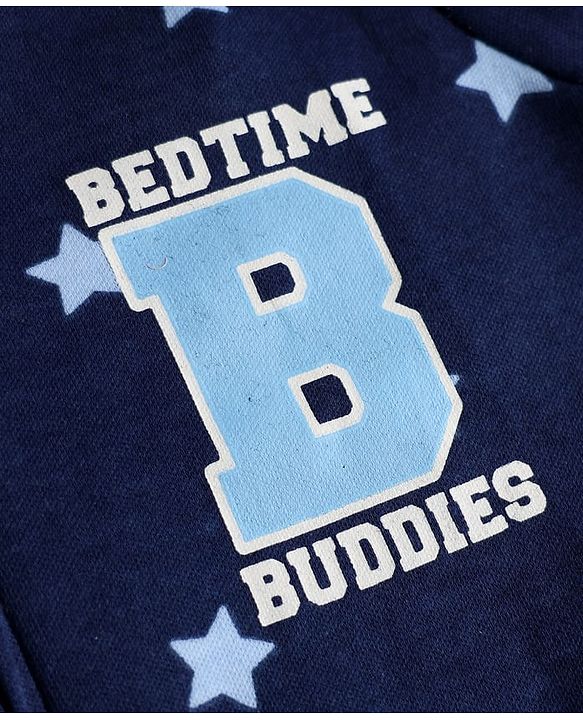 Babyhug Cotton Knit Full Sleeves Sleepsuit  with Star Print - Navy Blue