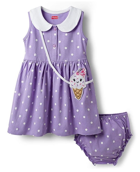Babyhug Single Jersey Knit Sleeveless Polka Dotted Frock with Bloomer - Purple