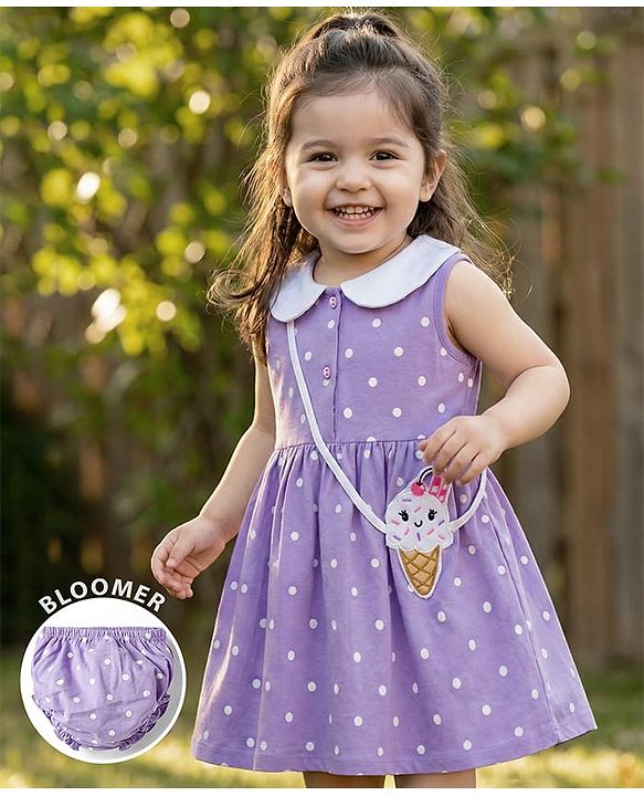 Babyhug Single Jersey Knit Sleeveless Polka Dotted Frock with Bloomer - Purple