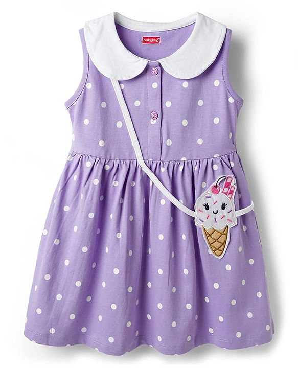 Babyhug Single Jersey Knit Sleeveless Polka Dotted Frock with Bloomer - Purple