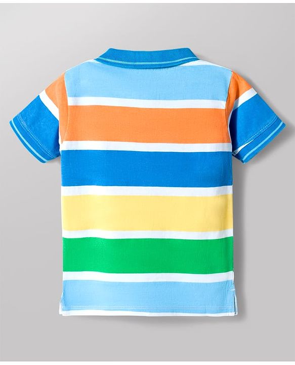 Babyhug Cotton Knit Half Sleeves Striped Polo T-Shirt with Koala Patch - Blue Yellow & Red