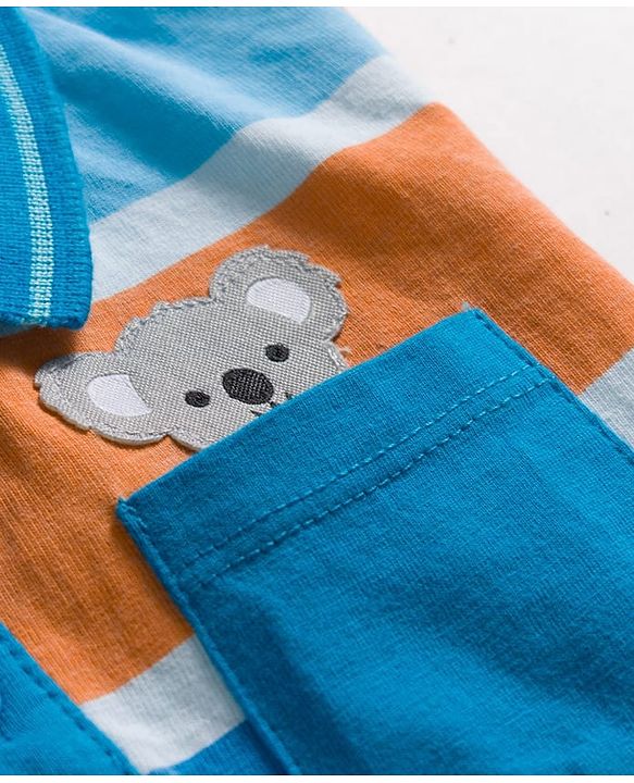 Babyhug Cotton Knit Half Sleeves Striped Polo T-Shirt with Koala Patch - Blue Yellow & Red