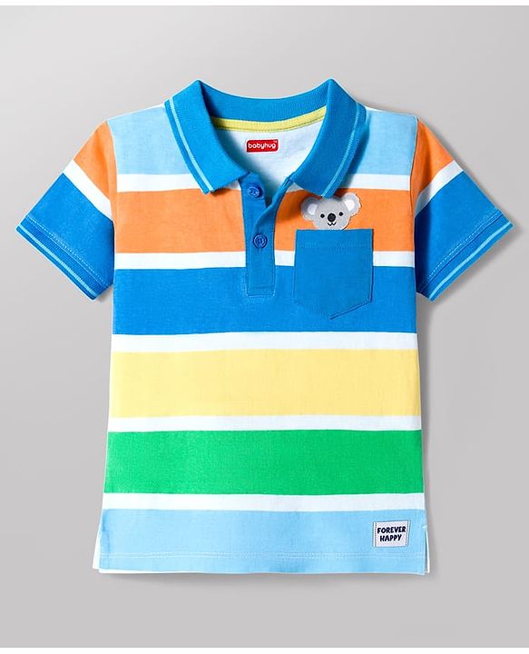 Babyhug Cotton Knit Half Sleeves Striped Polo T-Shirt with Koala Patch - Blue Yellow & Red