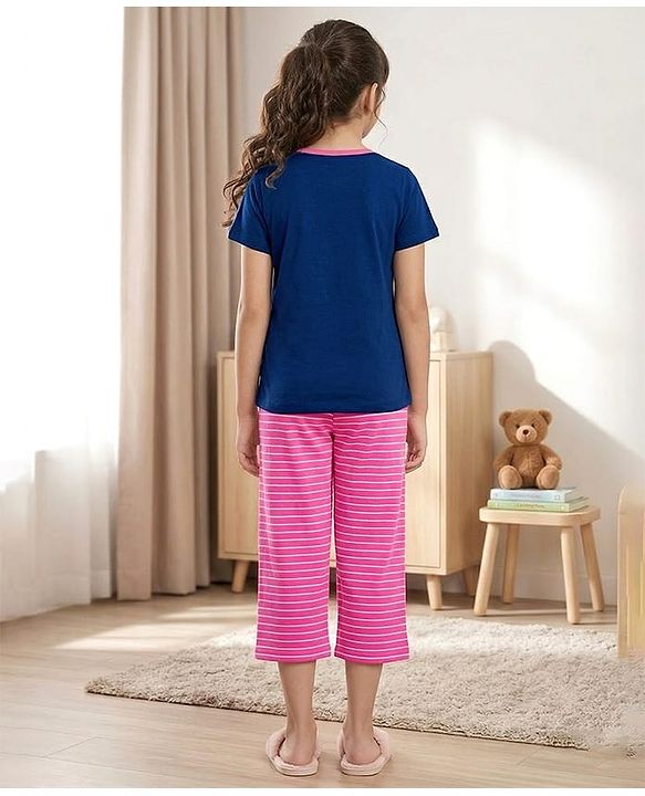 Pine Kids Cotton Knit Half Sleeves Top & Capri Night Suit With Wow Girl Club Print - Navy Blue