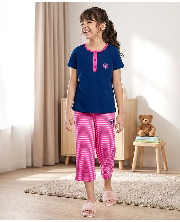 Pine Kids Cotton Knit Half Sleeves Top & Capri Night Suit With Wow Girl Club Print - Navy Blue