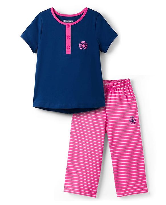 Pine Kids Cotton Knit Half Sleeves Top & Capri Night Suit With Wow Girl Club Print - Navy Blue