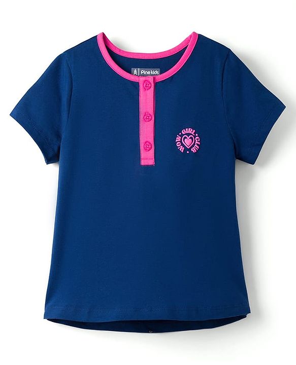 Pine Kids Cotton Knit Half Sleeves Top & Capri Night Suit With Wow Girl Club Print - Navy Blue