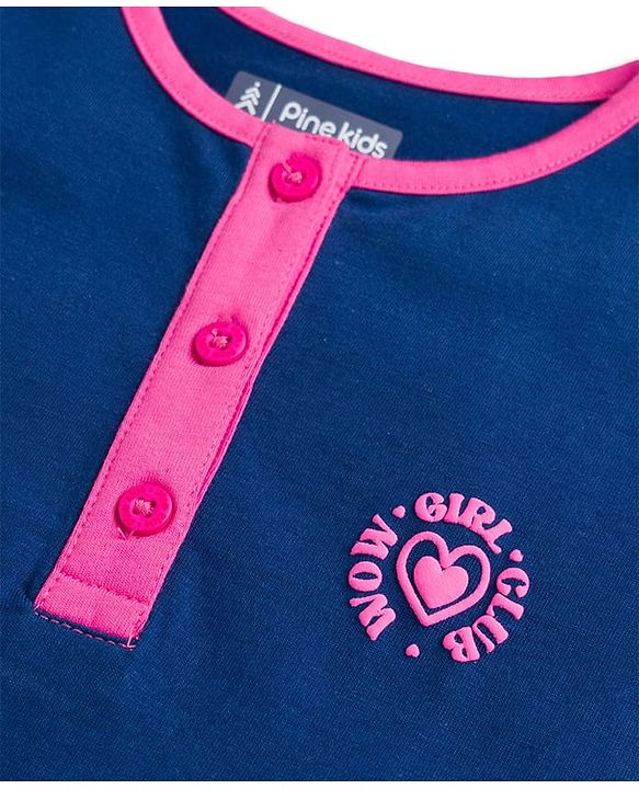 Pine Kids Cotton Knit Half Sleeves Top & Capri Night Suit With Wow Girl Club Print - Navy Blue