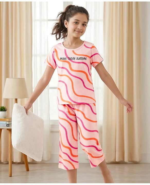 Pine Kids Cotton Knit Half Sleeves T-Shirt & Capri Night Suit With Make Today Awesome Print - Pink