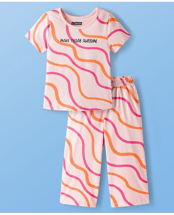 Pine Kids Cotton Knit Half Sleeves T-Shirt & Capri Night Suit With Make Today Awesome Print - Pink