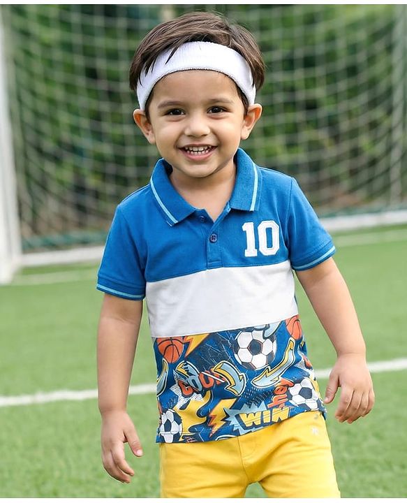 Babyhug 100% Cotton Knit Half Sleeves Cut N Sew Football Printed Polo T-Shirt - Multicolour