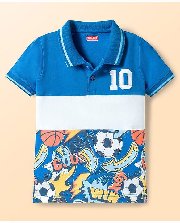 Babyhug 100% Cotton Knit Half Sleeves Cut N Sew Football Printed Polo T-Shirt - Multicolour