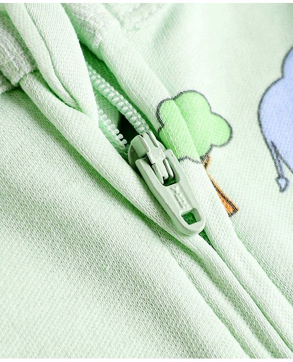 Babyhug Cotton Knit Full Sleeves Animal Printed Footed Sleepsuit - Light Green