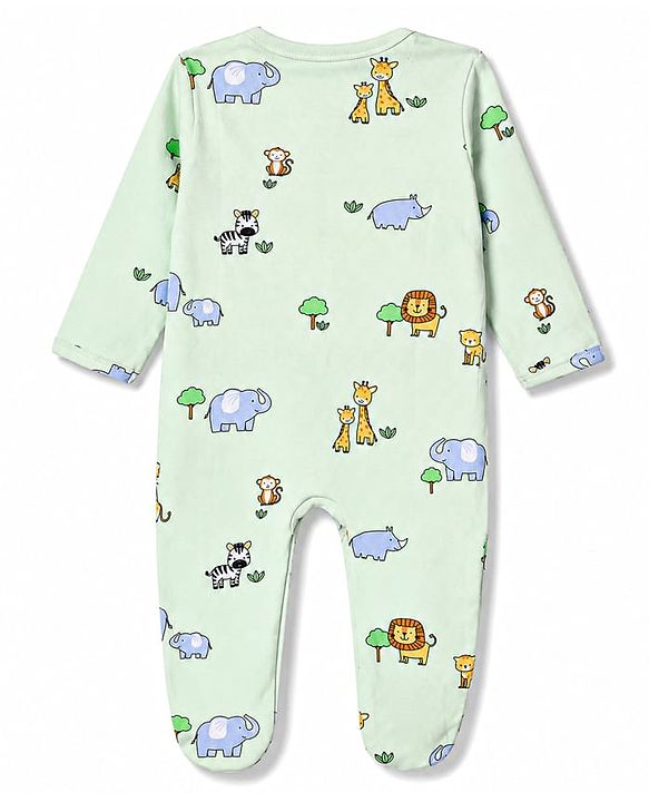 Babyhug Cotton Knit Full Sleeves Animal Printed Footed Sleepsuit - Light Green