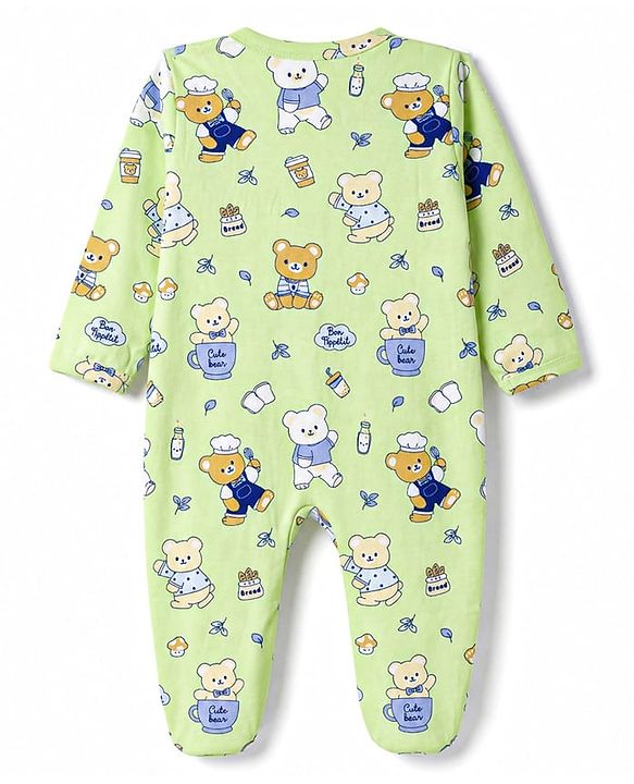 Babyhug Cotton Knit Full Sleeves Bear Printed Sleepsuit - Light Green