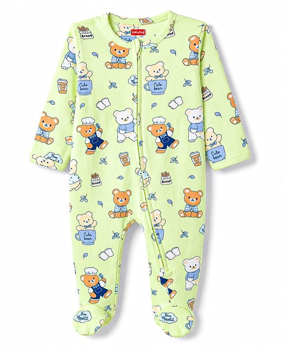 Babyhug Cotton Knit Full Sleeves Bear Printed Sleepsuit - Light Green