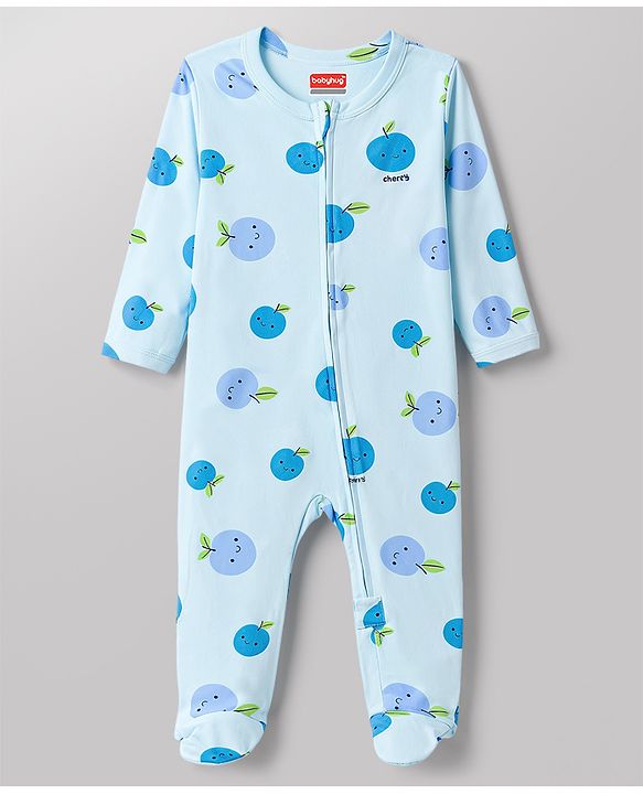 Babyhug 100% Cotton Knit Full Sleeves Footed Sleepsuit with Tropical Theme Print - Light Blue