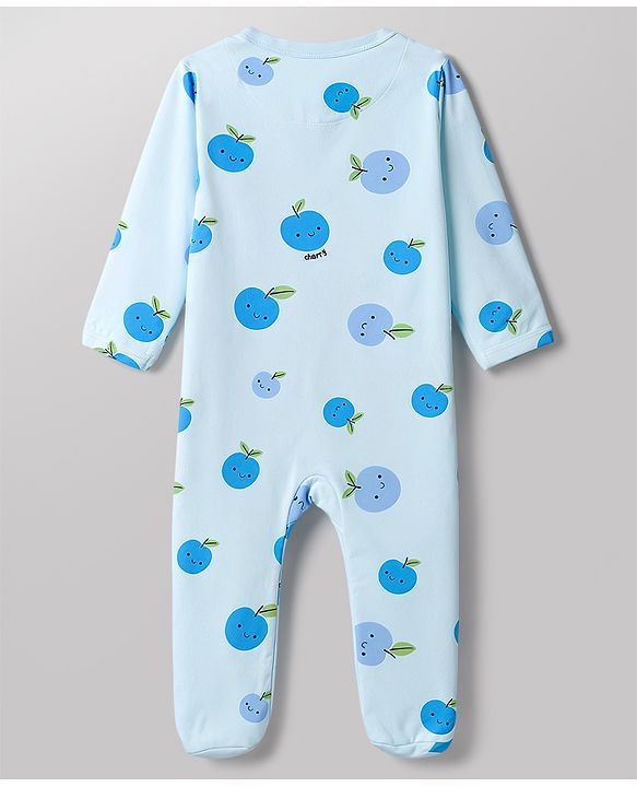 Babyhug 100% Cotton Knit Full Sleeves Footed Sleepsuit with Tropical Theme Print - Light Blue
