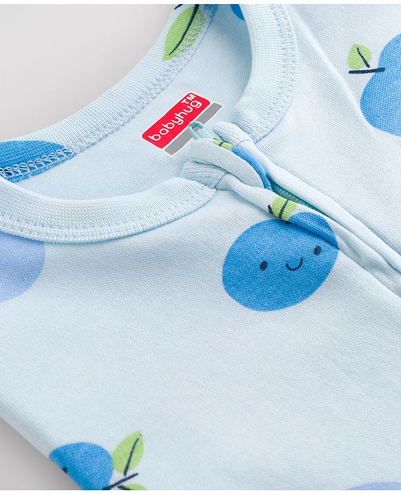 Babyhug 100% Cotton Knit Full Sleeves Footed Sleepsuit with Tropical Theme Print - Light Blue