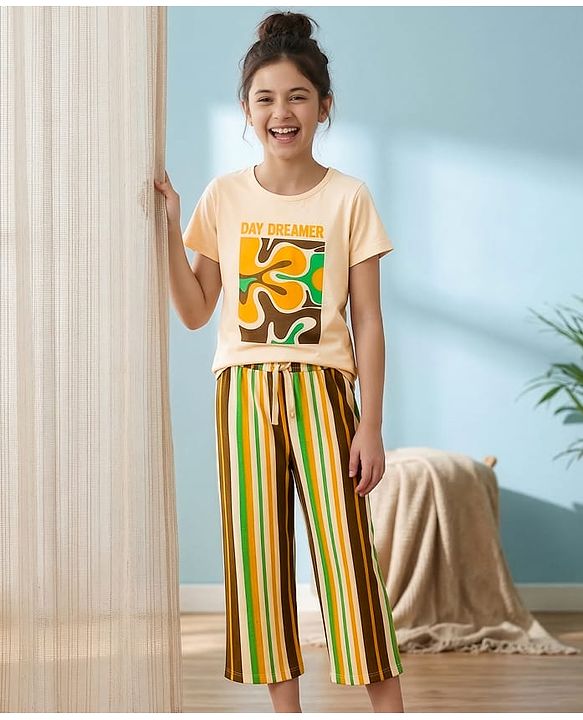 Pine Kids Cotton Knit Half Sleeves Top & Capri Night Suit With Floral Print - Yellow