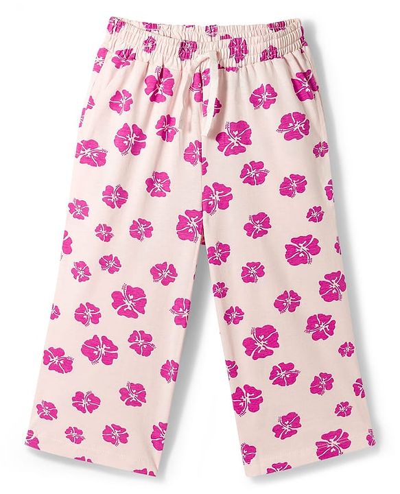Pine Kids Cotton Knit Half Sleeves Shirt & Pajama Co-ords Capri Night Suit With Floral Print - Pink