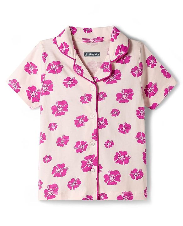 Pine Kids Cotton Knit Half Sleeves Shirt & Pajama Co-ords Capri Night Suit With Floral Print - Pink