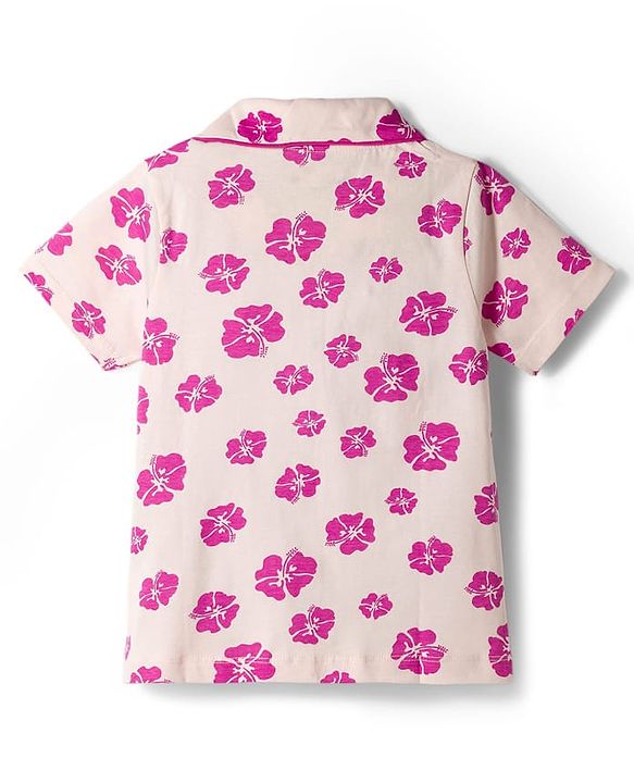 Pine Kids Cotton Knit Half Sleeves Shirt & Pajama Co-ords Capri Night Suit With Floral Print - Pink