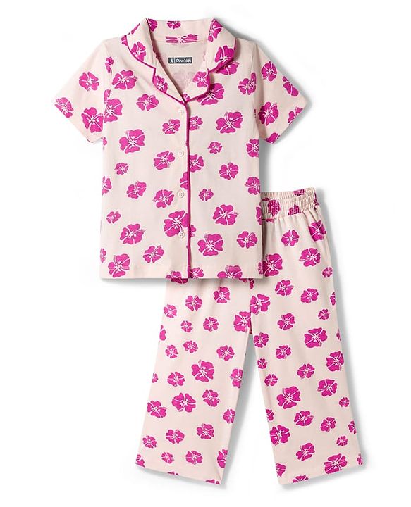 Pine Kids Cotton Knit Half Sleeves Shirt & Pajama Co-ords Capri Night Suit With Floral Print - Pink
