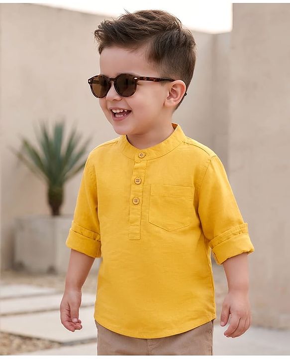 Babyhug Linen Woven Full Sleeves Solid Colour Mandarin Collar Kurta Style Shirt - Golden