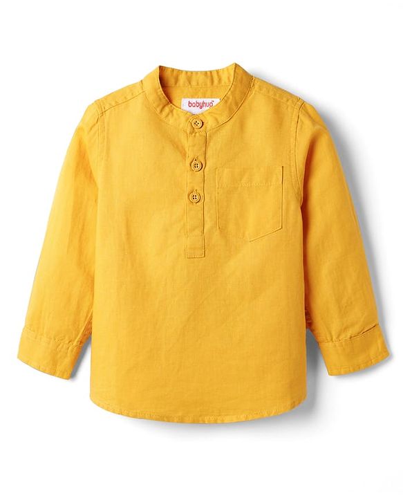 Babyhug Linen Woven Full Sleeves Solid Colour Mandarin Collar Kurta Style Shirt - Golden