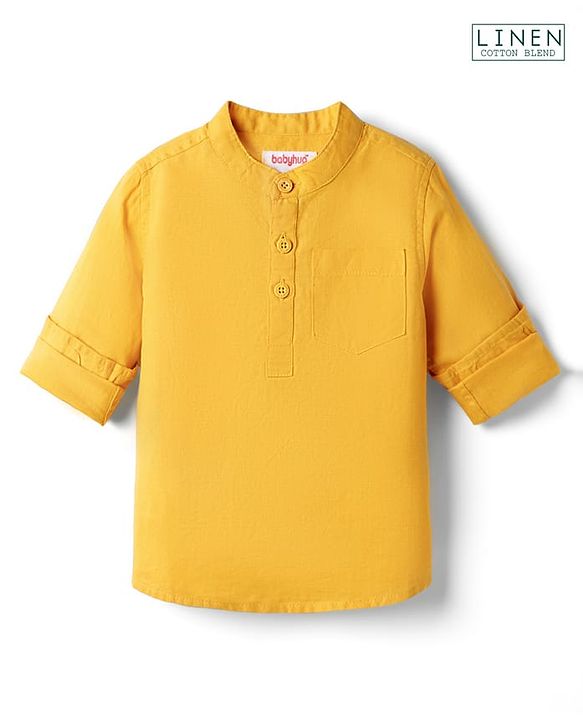 Babyhug Linen Woven Full Sleeves Solid Colour Mandarin Collar Kurta Style Shirt - Golden