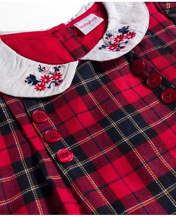 Babyhug Cotton Woven Half Sleeves Checks Frock With Floral Embroidery - Dark Red