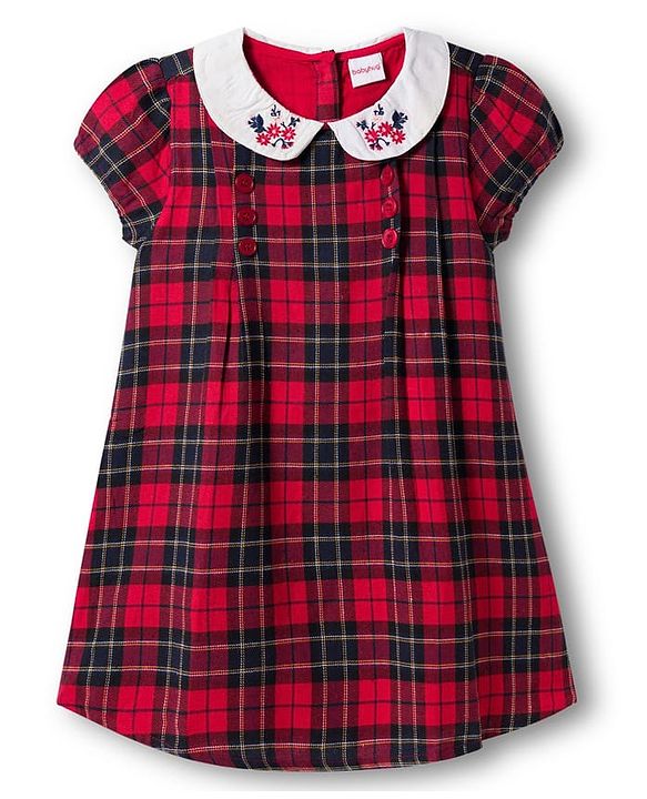 Babyhug Cotton Woven Half Sleeves Checks Frock With Floral Embroidery - Dark Red