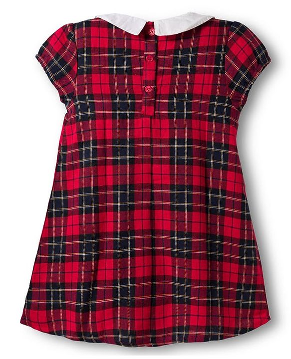 Babyhug Cotton Woven Half Sleeves Checks Frock With Floral Embroidery - Dark Red