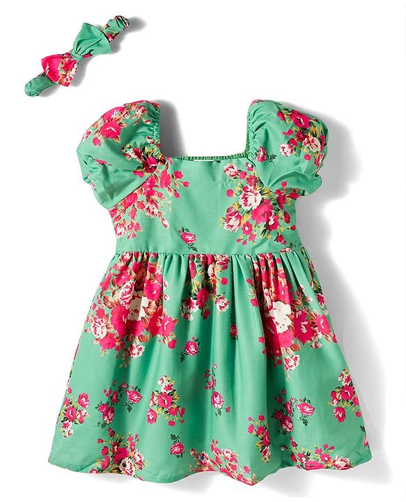 Babyhug Cotton Woven Half Sleeves Frock with Floral Print & Headband - Multicolor