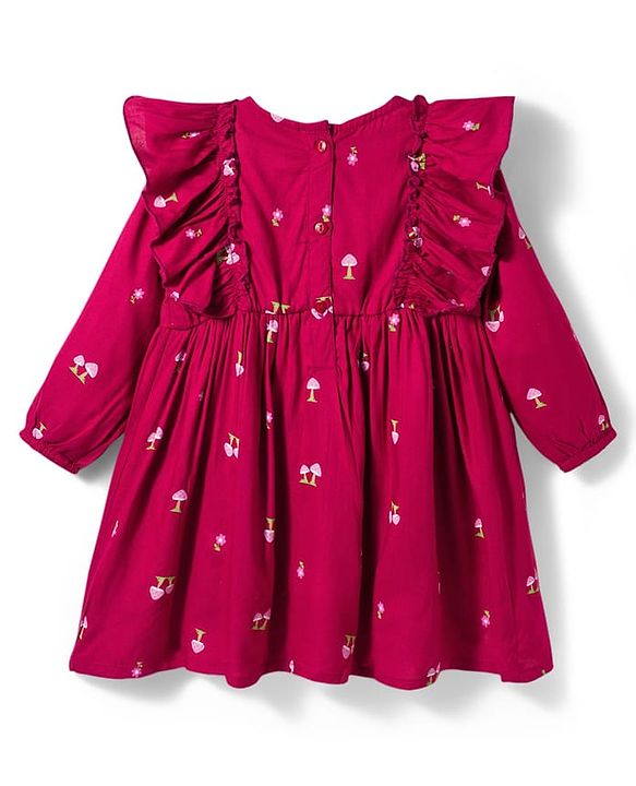Babyhug 100% Cotton Woven Full Sleeves Floral & Mushroom Printed Frock With Frill Detailing - Dark Red