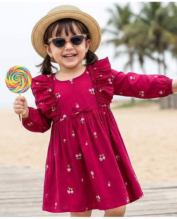 Babyhug 100% Cotton Woven Full Sleeves Floral & Mushroom Printed Frock With Frill Detailing - Dark Red