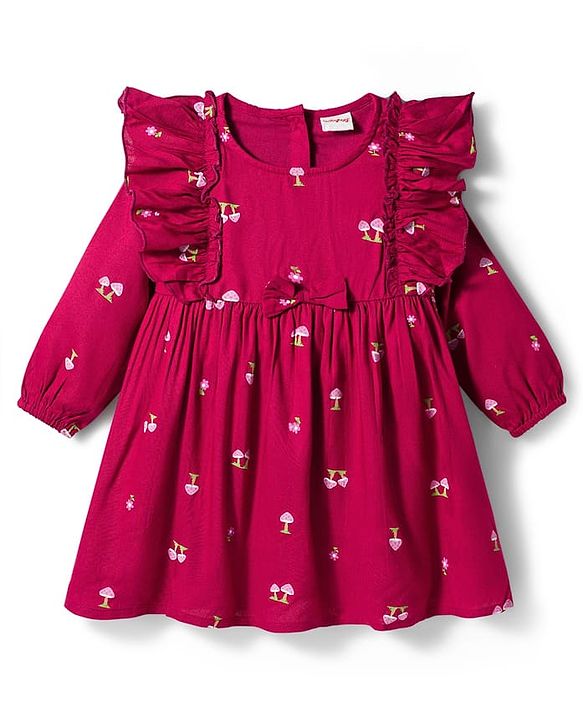 Babyhug 100% Cotton Woven Full Sleeves Floral & Mushroom Printed Frock With Frill Detailing - Dark Red