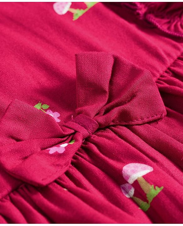 Babyhug 100% Cotton Woven Full Sleeves Floral & Mushroom Printed Frock With Frill Detailing - Dark Red
