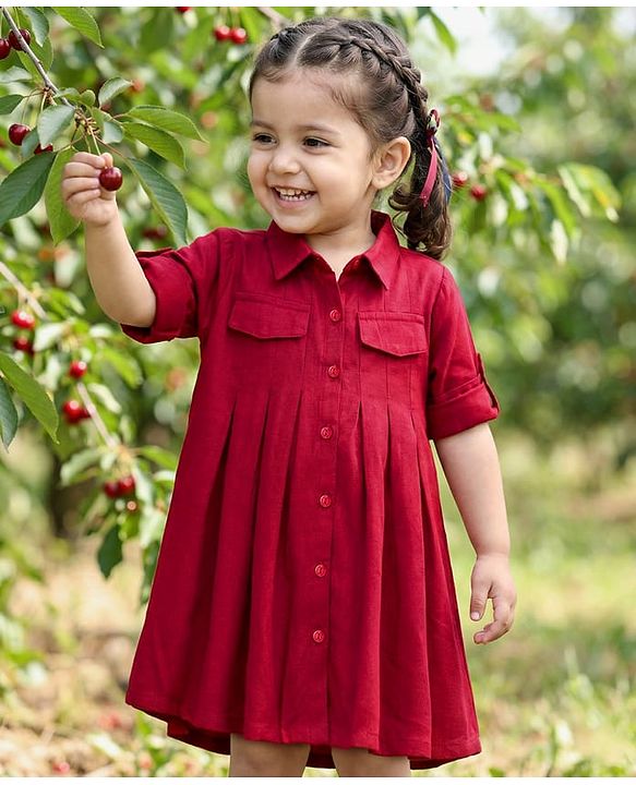 Babyhug Cotton Woven Full Sleeves Solid Color Shirt Dress - Maroon