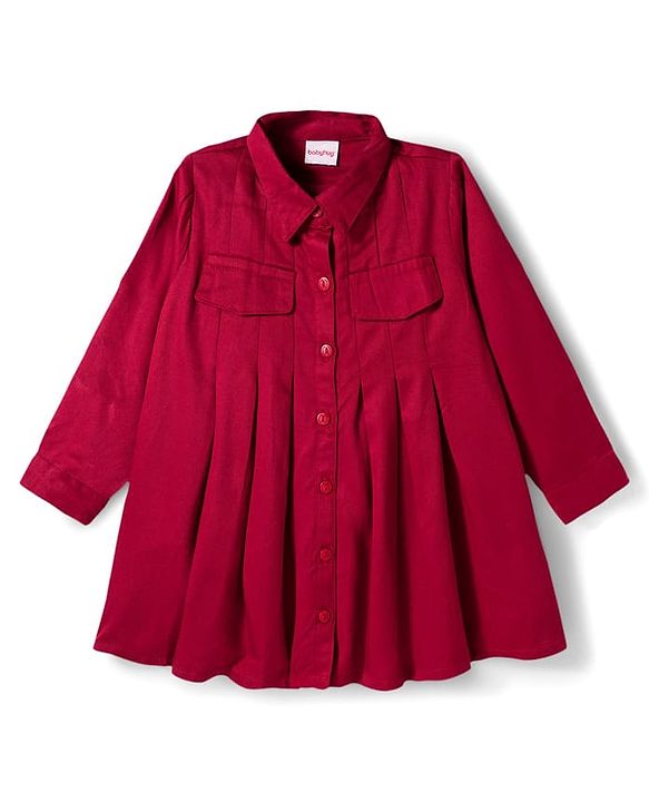 Babyhug Cotton Woven Full Sleeves Solid Color Shirt Dress - Maroon
