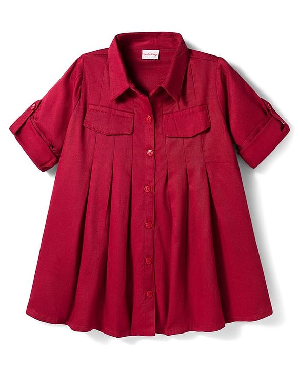 Babyhug Cotton Woven Full Sleeves Solid Color Shirt Dress - Maroon
