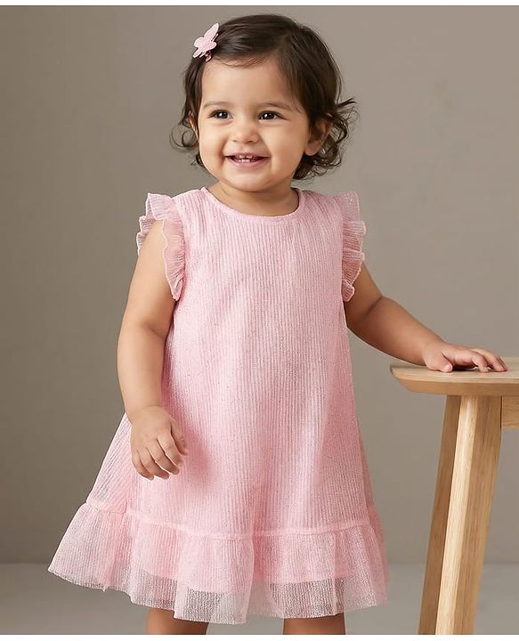 Babyhug Mesh Woven Frill Sleeves Frock - Pink