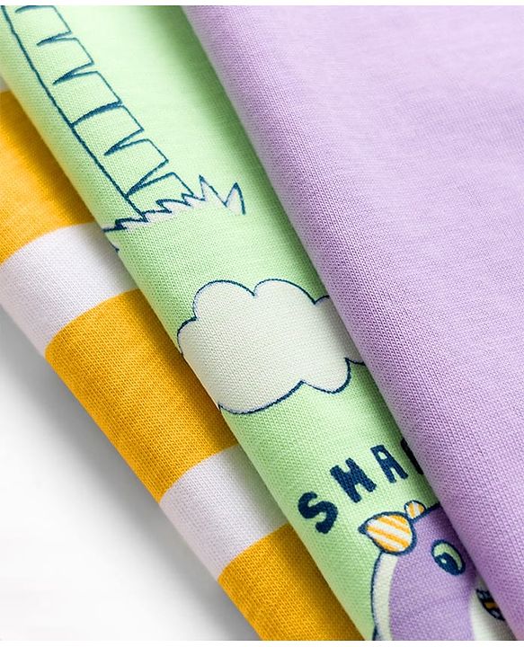 Babyhug 100% Cotton Knit Half Sleeves Beach Theme Printed & Striped T-Shirts Pack Of 3 - Multicolour