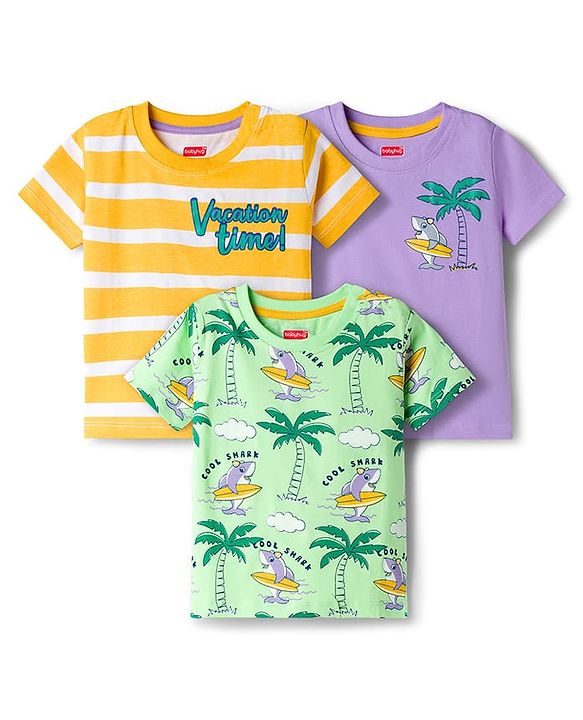 Babyhug 100% Cotton Knit Half Sleeves Beach Theme Printed & Striped T-Shirts Pack Of 3 - Multicolour