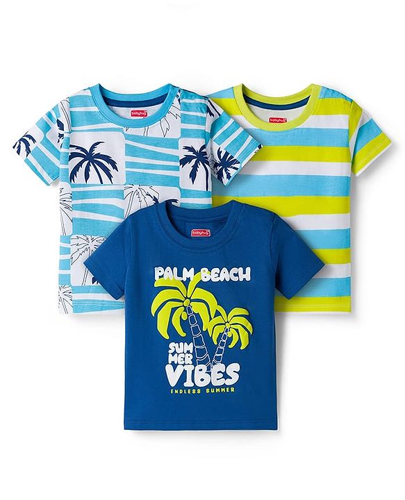 Babyhug 100% Cotton Knit Half Sleeves Beach Theme Printed & Striped T-Shirts Pack Of 3 - Multicolour