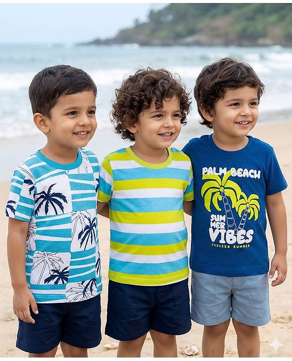 Babyhug 100% Cotton Knit Half Sleeves Beach Theme Printed & Striped T-Shirts Pack Of 3 - Multicolour