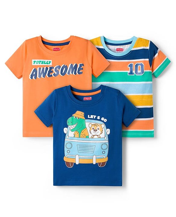 Babyhug 100% Cotton Knit Half Sleeves Animal & Striped Printed T-Shirts Pack Of 3 - Multicolour