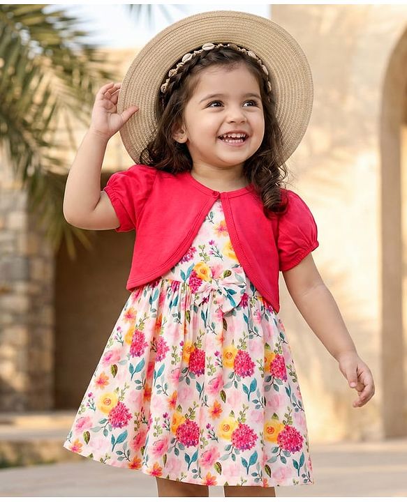 Babyhug 100% Cotton Woven Half Sleeves Floral Printed Frock With Shrug - Multicolour