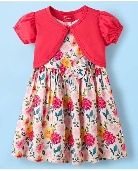 Babyhug 100% Cotton Woven Half Sleeves Floral Printed Frock With Shrug - Multicolour